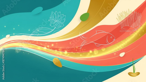 Vibrant abstract wave design with colorful swirls and aquatic