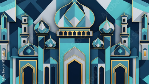 Islamic mosque architecture with blue domes and minarets