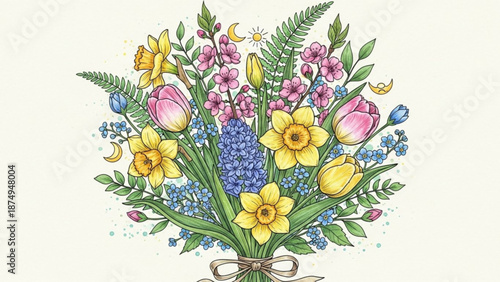Vibrant bouquet of spring flowers including tulips daffodils and bluebells tied with a ribbon on a white background