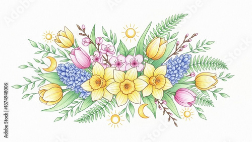 Vibrant spring bouquet with yellow tulips daffodils blue hydrangeas and pink flowers on white background floral arrangement with green leaves and stems colorful blooms for easter
