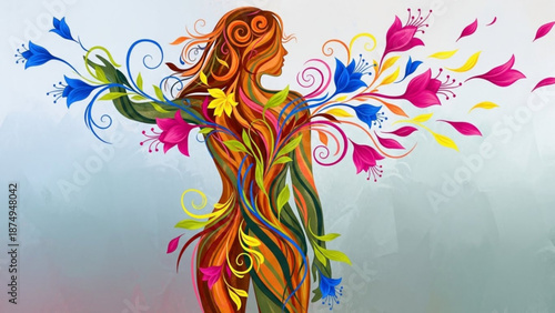 Woman with colorful flowers and leaves growing from her body