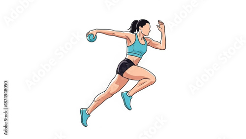 Woman in athletic wear running with medicine ball in hand dynamic fitness illustration