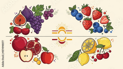 Colorful illustration of assorted fresh fruits including berries citrus fruits and stone fruits arranged in a creative pattern with a sun symbol on a beige background