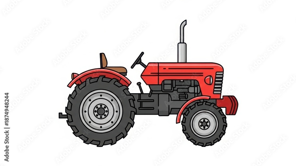 Obraz premium Vintage Red Tractor Illustration - Agricultural Vehicle Side View