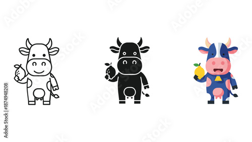Cow character illustration set in different styles