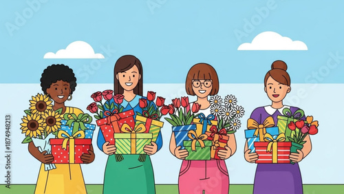 Four diverse women holding colorful gifts and flowers on a sunny day outdoors