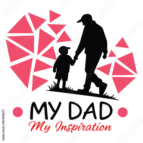 Father and son silhouettes holding hands with pink geometric shapes and text