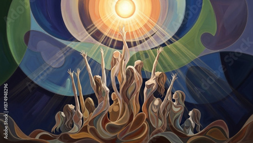 People rejoicing under radiant sun with beams and abstract swirling