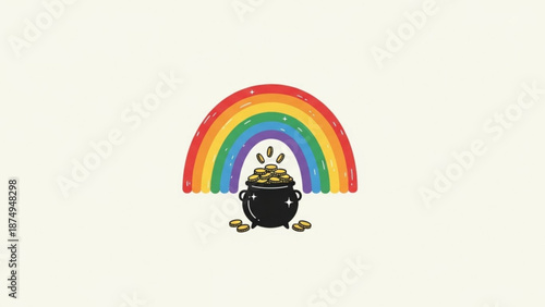 Rainbow and pot of gold with coins spilling out at the end