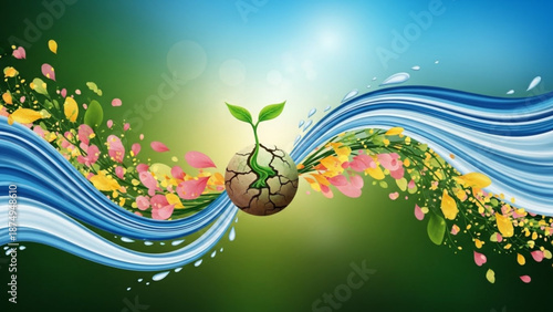 Sprouting seedling with floral waves and sunshine in eco friendly