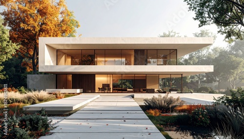 Modern minimalist house with sleek design and lush garden surroundings.