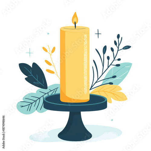 Modern decorative taper candle standing in tall candlestick holder