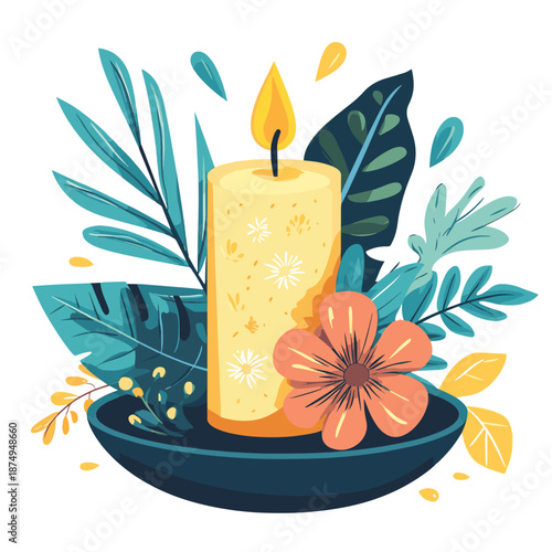 Modern decorative taper candle standing in tall candlestick holder