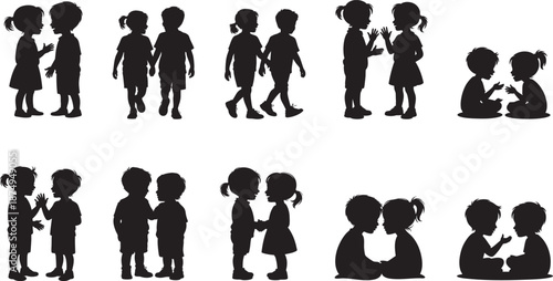 Children Friendship Silhouette Set – Kids Playing, Talking and Bonding