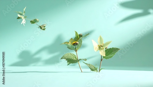 Green stems with blossoms and leaves against a blue background, shadows cast