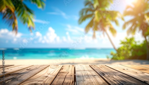 Perspective shot of a beach scene with palm trees, wood table, and turquoise ocean