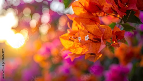Close-up of vibrant orange and pink blooms basking in warm sunlight