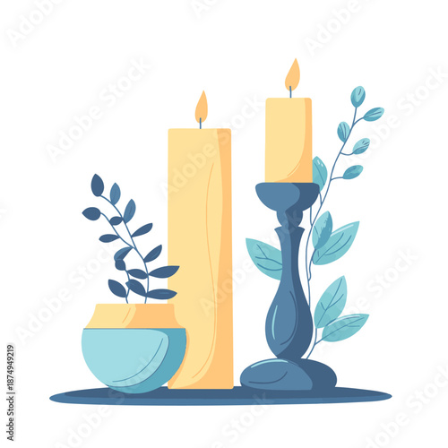 Modern decorative taper candle standing in tall candlestick holder