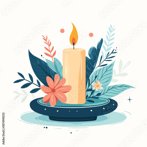 Modern decorative taper candle standing in tall candlestick holder