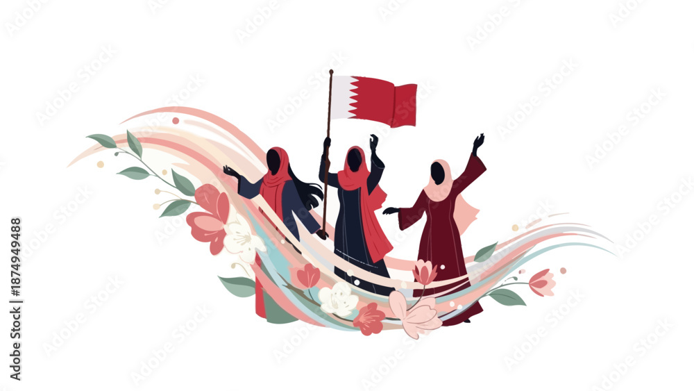 Fotografie Bahrain Women Celebrating National Day with Flag