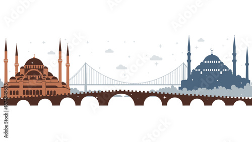 Istanbul Skyline: Hagia Sophia, Blue Mosque, and Bridge