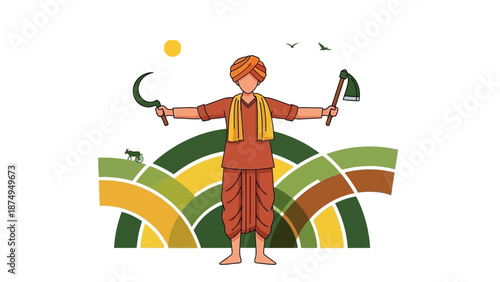 Indian Farmer with Tools, Farming Fields Background, Rural Life