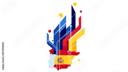Abstract Spain Flag Map with Connecting Lines and Circles