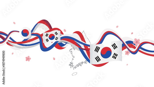 South Korea flag, map, and cherry blossoms on white background