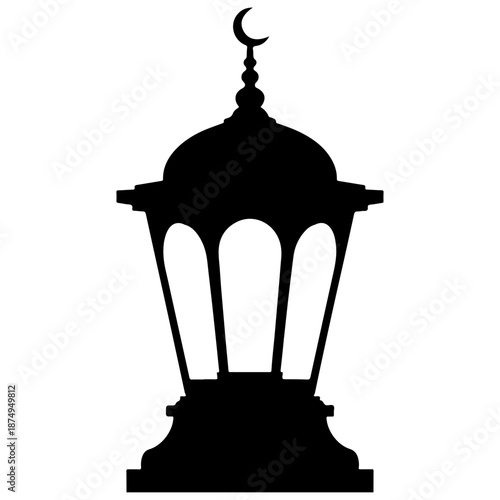 Islamic Lantern Silhouette with Crescent Moon Symbol.