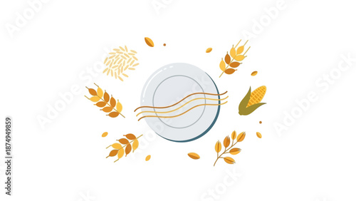 Plate with Grains and Cereals Around on White Background