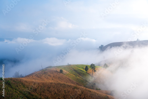 Beautiful sea of mist covering the mountains at sunrise.
