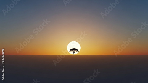Lonely tree silhouette at serene sunset with vibrant orange and blue gradient sky
