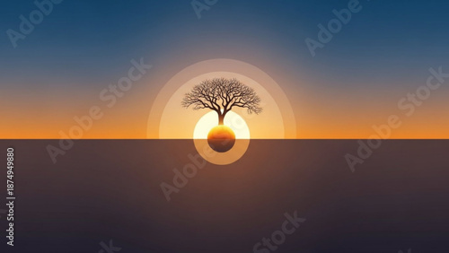 Bare tree silhouette against vibrant sunset with glowing sun behind serene landscape with orange and blue gradient sky