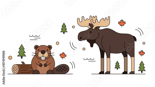 Cute Beaver and Moose with Maple Leaves, Canadian Animals Illustration