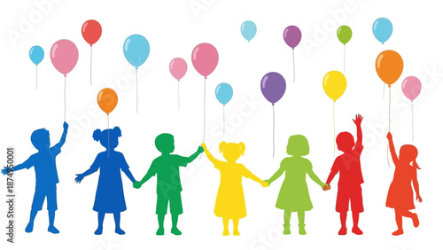 Happy Children Holding Balloons Silhouette