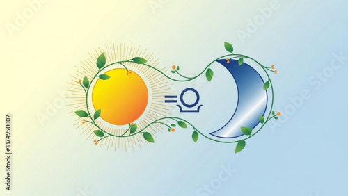 Sun and moon symbolism with leaves and astrology sign harmony and balance concept