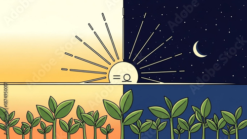 Day and night cycle with plants growing in soil illustrating photosynthesis and growth under sun and moonlight