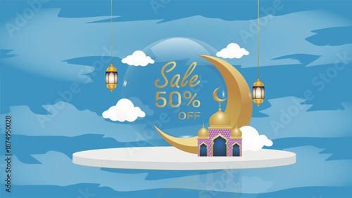 A colorful illustration of a crescent moon and mosque on a cloud with sale text