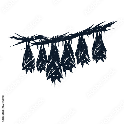 Group of Bats Hanging Upside Down on a Branch.
