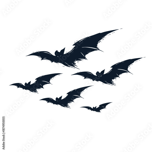 A Flock of Silhouetted Bats Flying in Formation.