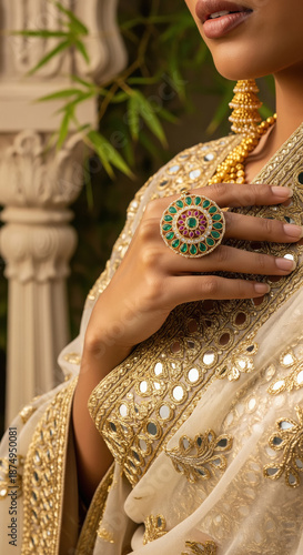Indian Woman Wears Exquisite Ring And Traditional Gold Outfit