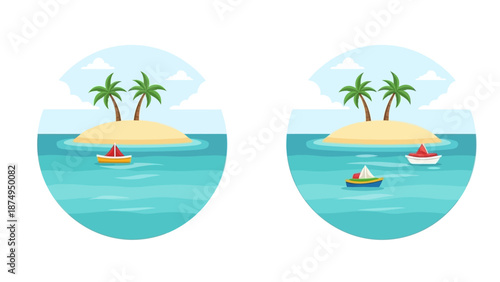 Tropical Island Paradise with Palm Trees and Boats
