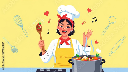 Cheerful female chef cooking with love surrounded by kitchen utensils and musical notes on a yellow background