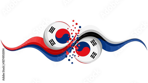 South Korea and Russia flags, dynamic design with ribbons and dots