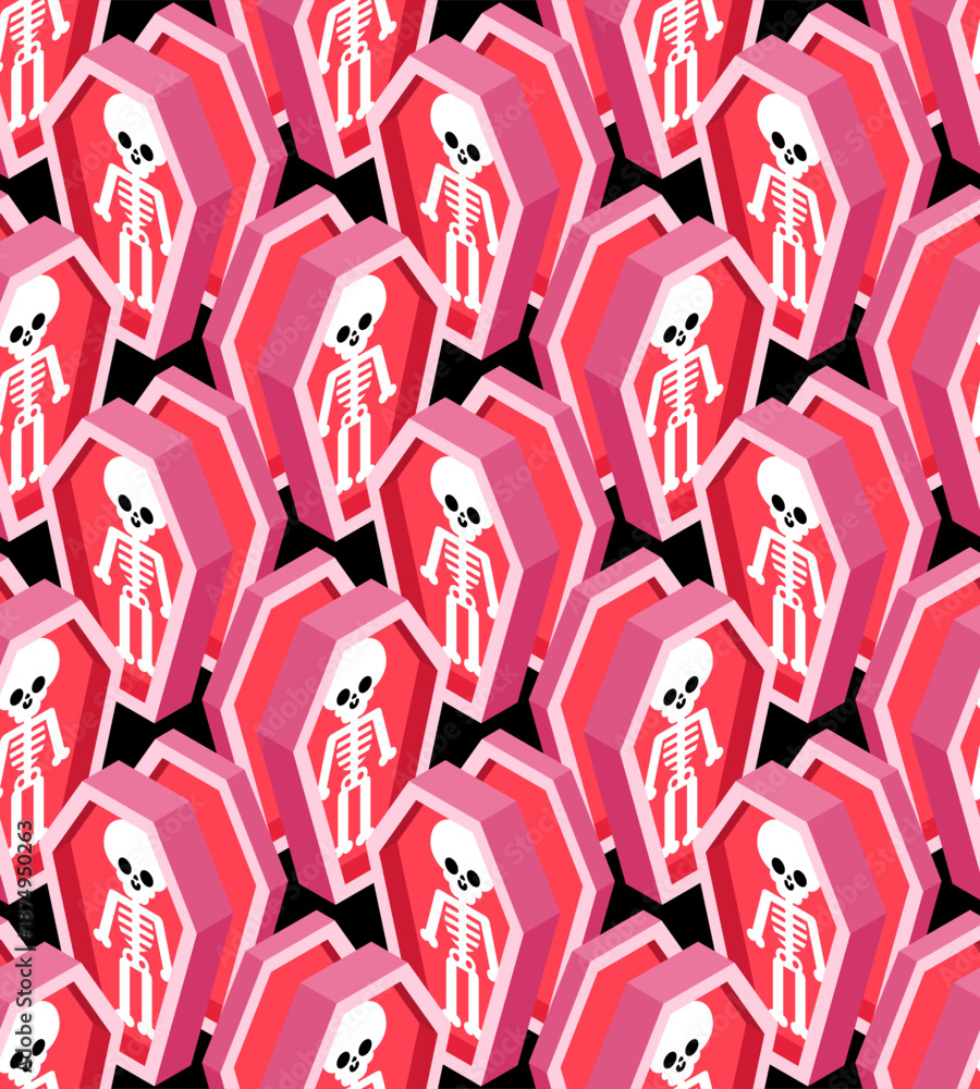Obraz premium Seamless pattern featuring pink coffins with skeletons. Spooky and quirky Halloween or goth design.