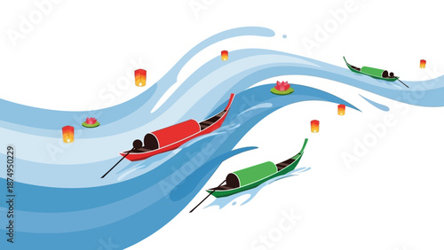 Boats on Wavy River with Lanterns and Lotuses