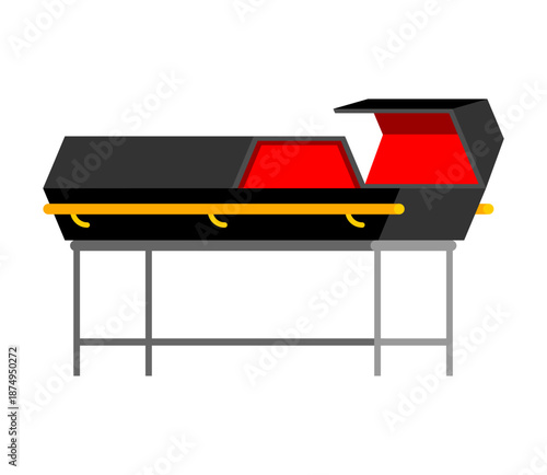 Classic black coffin with red and gold trim. Simple vector illustration of a sarcophagus for funeral home design, burial service, or death concept graphics.