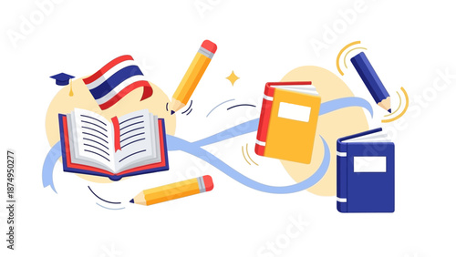Thai Language Education Concept - Books, Pencils, Flag