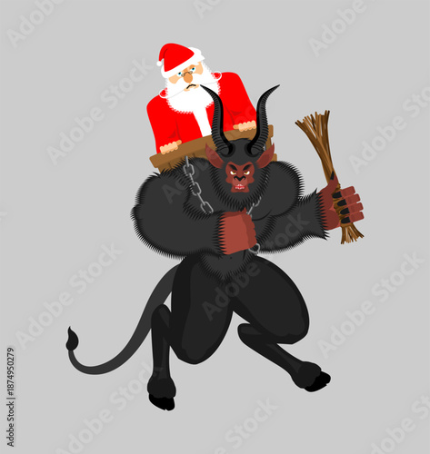 Krampus carrying a kidnapped Santa Claus on his back. A humorous, dark, and unconventional Christmas folklore illustration.