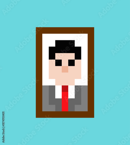 Pixel art portrait of a man in a tie with a black ribbon. 8-bit retro icon for memorial or vintage game obituary design.